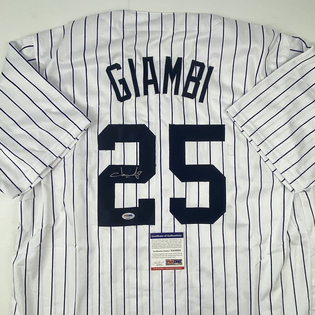 Autographed/Signed Jason Giambi New York Pinstripe Baseball Jersey PSA/DNA COA