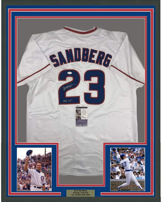 Framed Autographed/Signed Ryne Sandberg HOF 05 35x39 Chicago White Baseball Jersey JSA COA