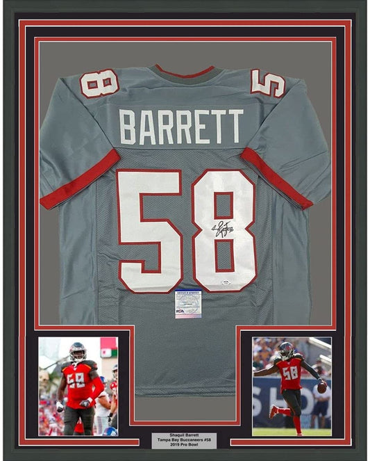 Framed Autographed/Signed Shaquil Shaq Barrett 35x39 Tampa Bay Pewter Grey Football Jersey PSA/DNA COA