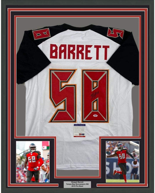 Framed Autographed/Signed Shaquil Barrett 35x39 Tampa Bay White Football Jersey PSA/DNA COA