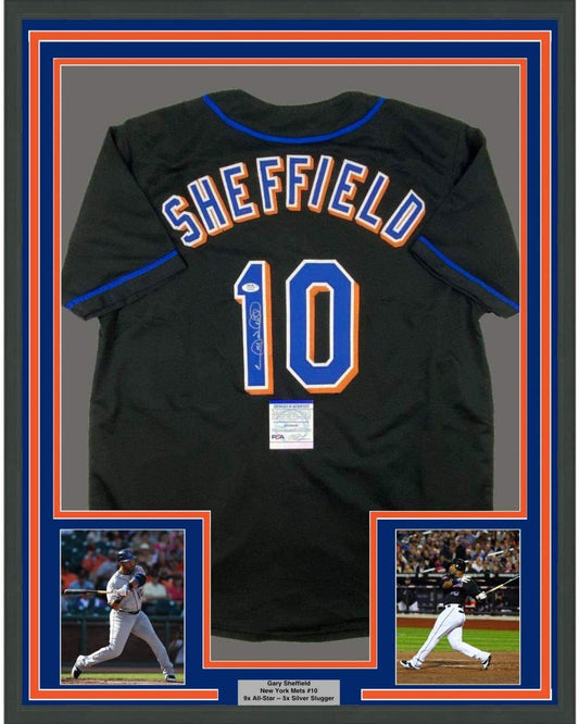 Framed Autographed/Signed Gary Sheffield 35x39 New York Black Baseball Jersey PSA/DNA COA
