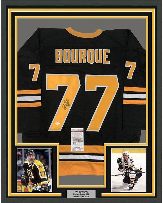 Framed Autographed/Signed Ray Bourque 35x39 Boston Black Hockey Jersey JSA COA