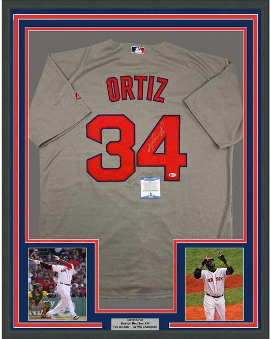 Framed Autographed/Signed David Ortiz 35x39 Boston Grey Baseball Jersey JSA COA
