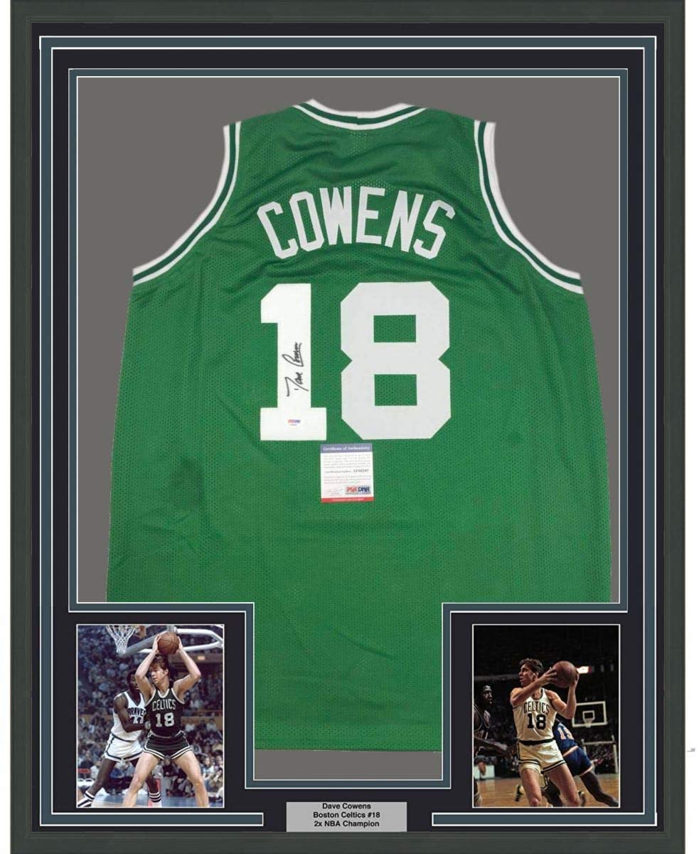 Framed Autographed/Signed Dave Cowens 35x39 Boston Green Basketball Jersey PSA/DNA COA