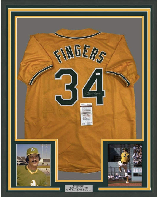 Framed Autographed/Signed Rollie Fingers 35x39 Oakland Yellow Baseball Jersey JSA COA