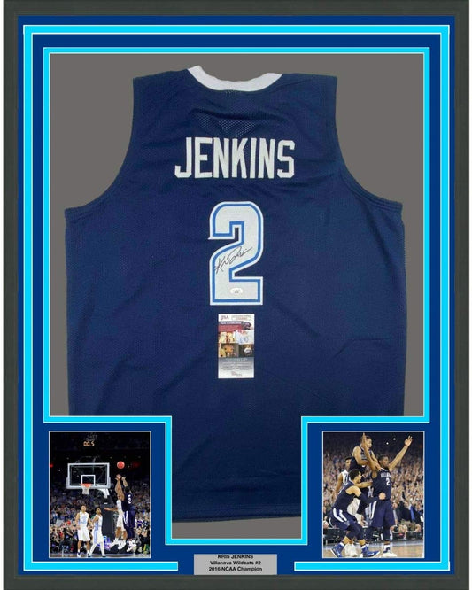 Framed Autographed/Signed Kris Jenkins 35x39 Villanova Blue College Basketball Jersey JSA COA