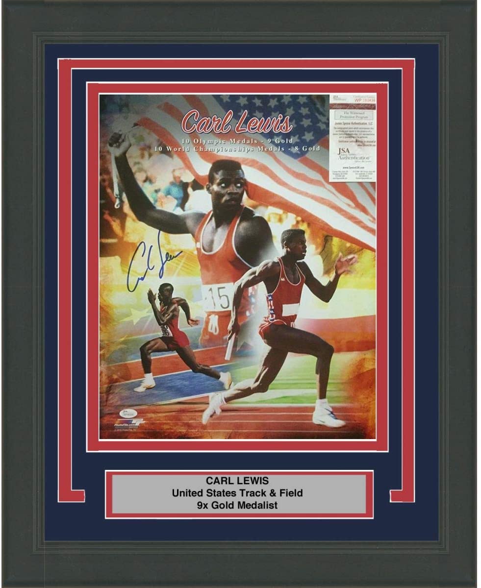 Framed Autographed/Signed Carl Lewis Track USA Olympics 9x Gold Medalist 16x20 Photo JSA COA
