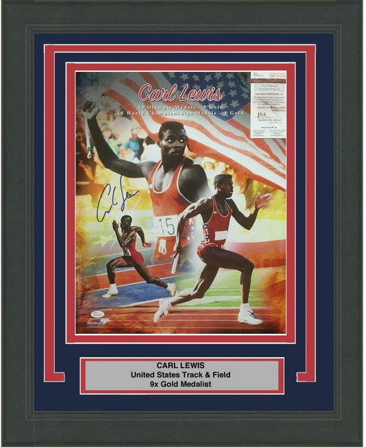 Framed Autographed/Signed Carl Lewis Track USA Olympics 9x Gold Medalist 16x20 Photo JSA COA