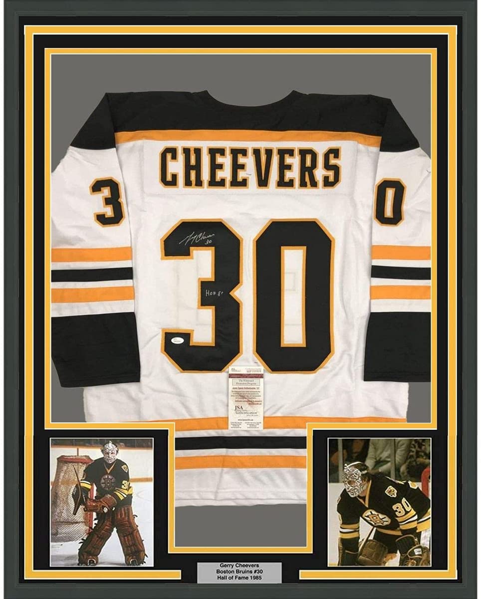 Framed Autographed/Signed Gerry Cheevers HOF 85 35x39 Boston White Hockey Jersey JSA COA