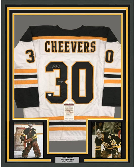 Framed Autographed/Signed Gerry Cheevers HOF 85 35x39 Boston White Hockey Jersey JSA COA