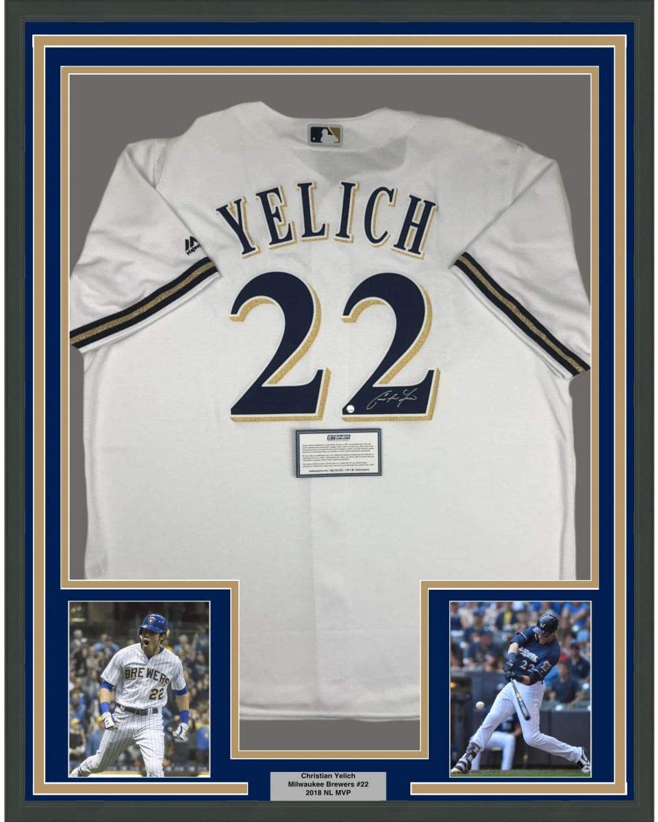 Framed Autographed/Signed Christian Yelich 35x39 Milwaukee Brewers White Cool Base Baseball Jersey Steiner Sports COA