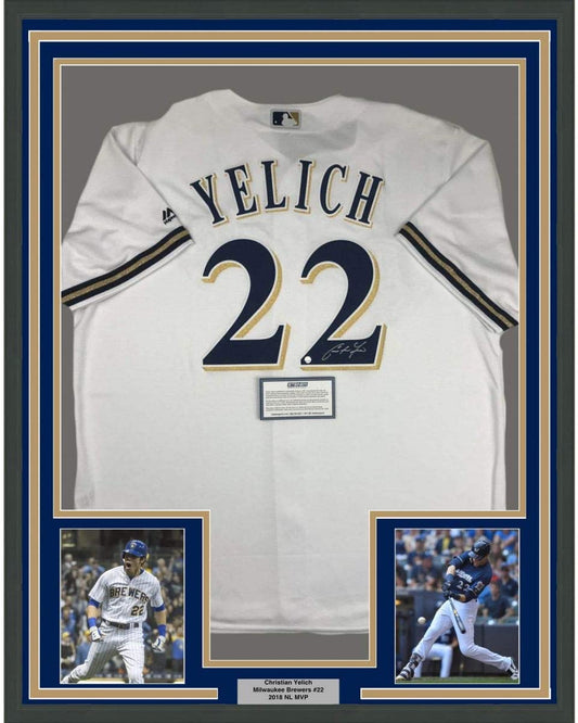 Framed Autographed/Signed Christian Yelich 35x39 Milwaukee Brewers White Cool Base Baseball Jersey Steiner Sports COA