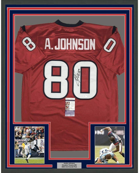 Framed Autographed/Signed Andre Johnson 35x39 Houston Texans Red Football Jersey JSA COA
