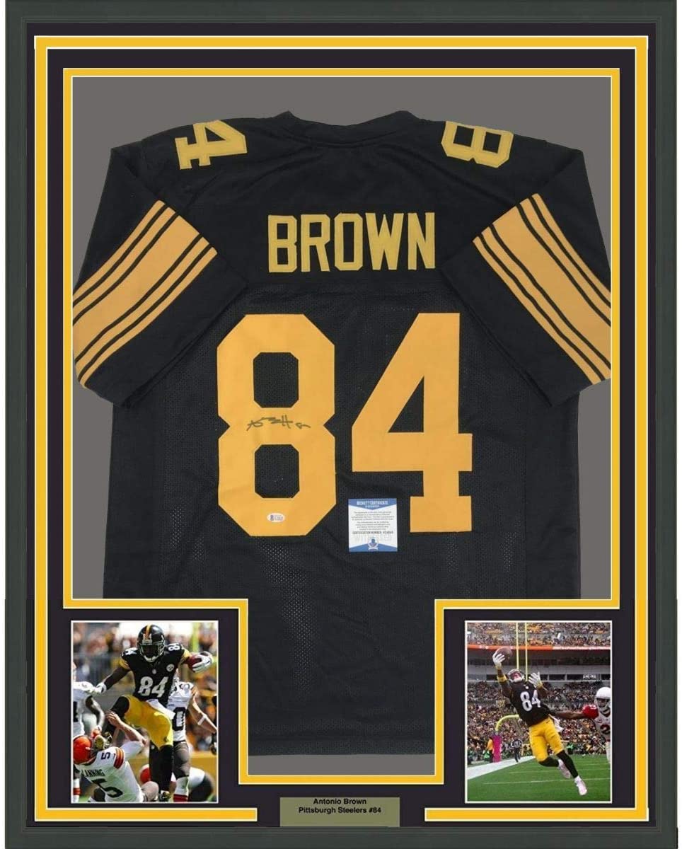 Framed Autographed/Signed Antonio Brown 35x39 Pittsburgh Steelers Color Rush Black Football Jersey Beckett BAS COA