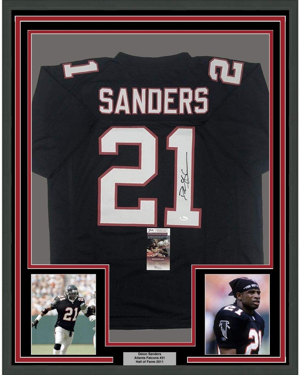Framed Autographed/Signed Deion Sanders 35x39 Atlanta Black Football Jersey JSA COA