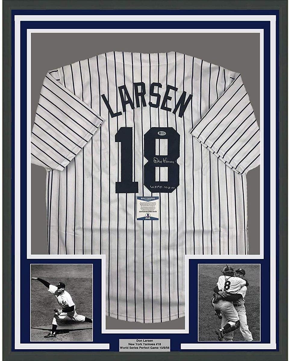 Framed Autographed/Signed Don Larsen Inscribed 35x39 New York Pinstripe Baseball Jersey Beckett BAS COA