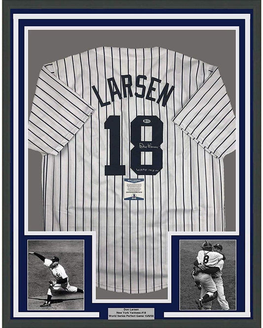 Framed Autographed/Signed Don Larsen Inscribed 35x39 New York Pinstripe Baseball Jersey Beckett BAS COA