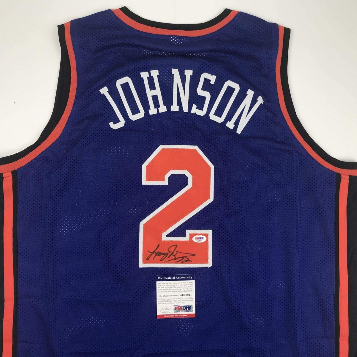 Autographed/Signed Larry Johnson New York Blue Basketball Jersey PSA/DNA COA