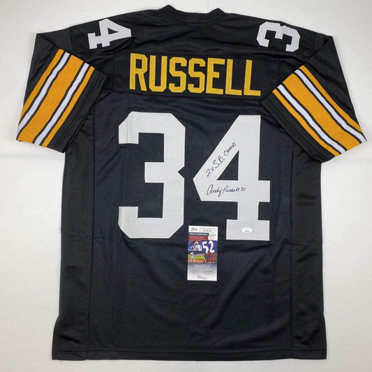 Autographed/Signed Andy Russell 2x SB Champs Pittsburgh Black Football Jersey JSA COA