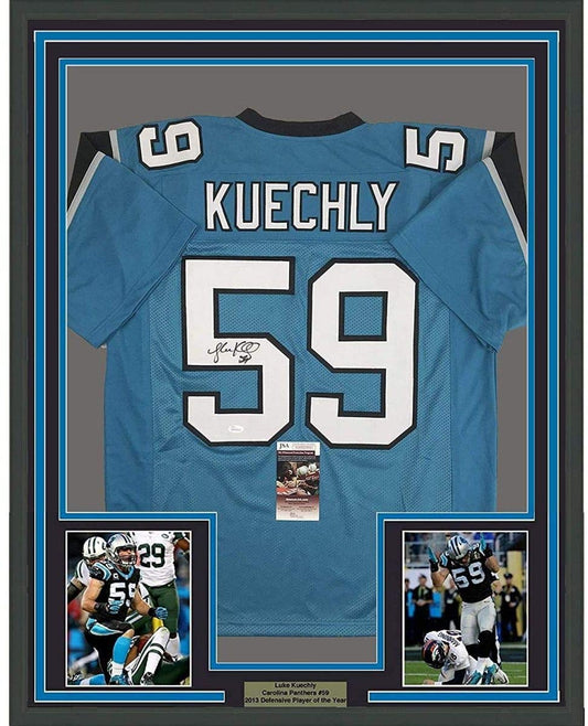 Framed Autographed/Signed Luke Kuechly 35x39 Carolina Blue Football Jersey JSA COA