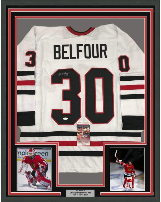 Framed Autographed/Signed Ed Belfour 35x39 Chicago White Hockey Jersey JSA COA