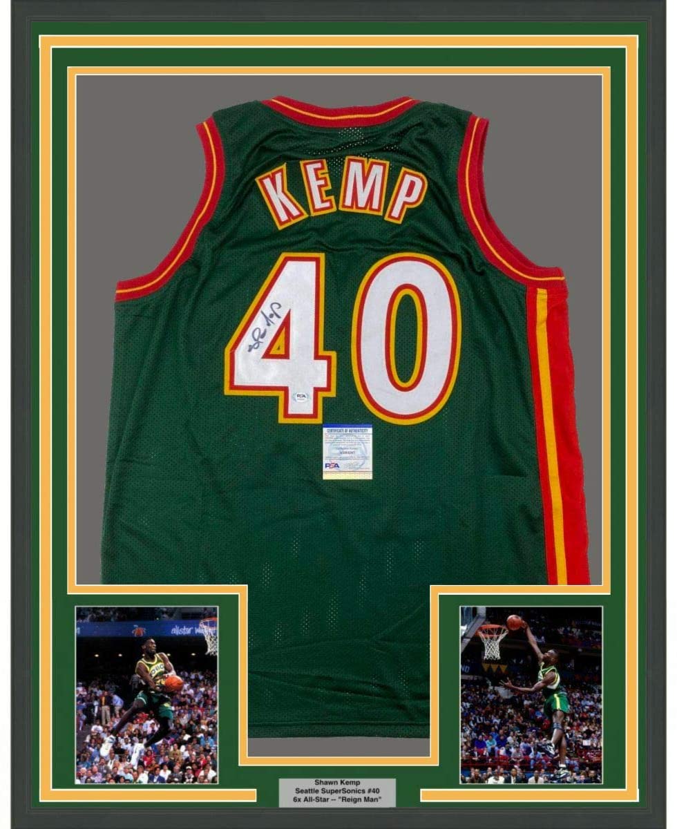 Framed Autographed/Signed Shawn Kemp 35x39 Seattle Dark Green Basketball Jersey PSA/DNA COA