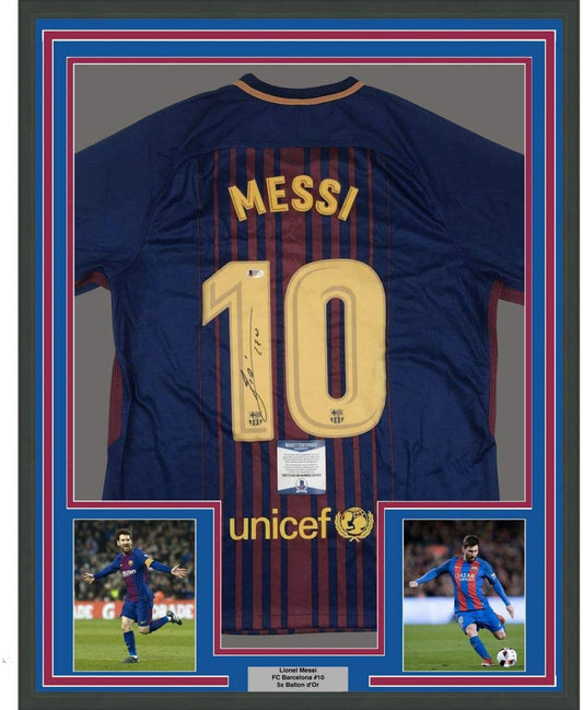 Framed Autographed/Signed Lionel Leo Messi 35x39 FC Barcelona Blue Soccer Jersey Beckett BAS COA Auto