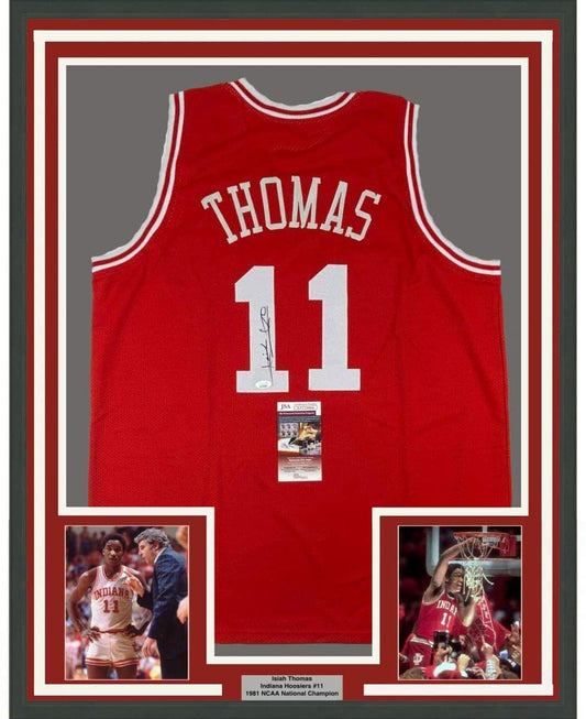 Framed Autographed/Signed Isiah Thomas 35x39 Indiana Red Basketball Jersey JSA COA