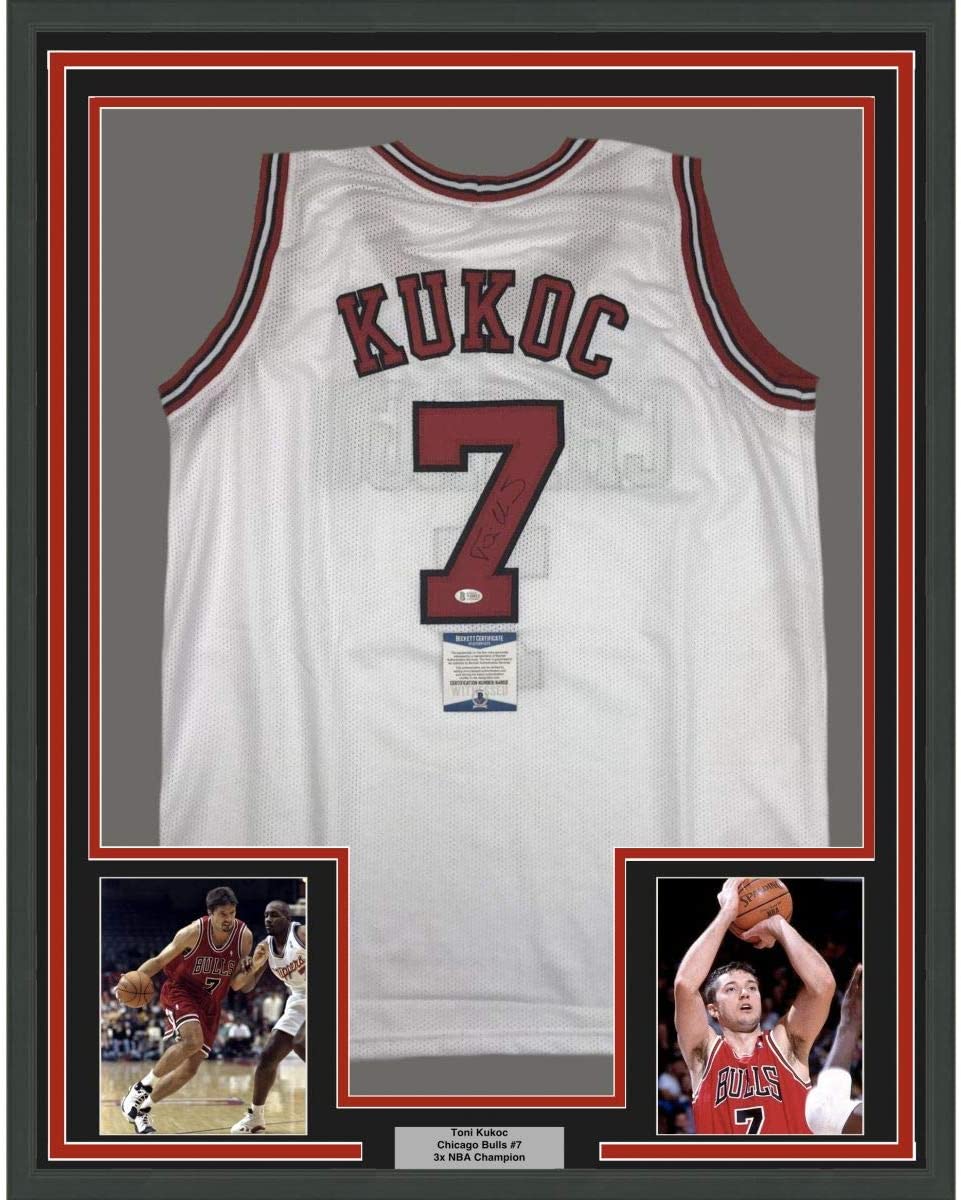 Framed Autographed/Signed Toni Kukoc 35x39 Chicago White Basketball Jersey Beckett BAS COA