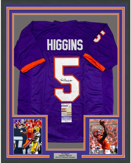 Framed Autographed/Signed Tee Higgins 35x39 Clemson Purple College Football Jersey JSA COA