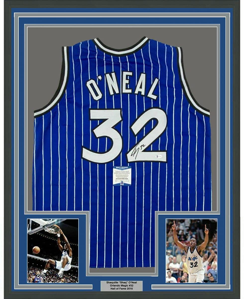 Framed Autographed/Signed Shaquille Shaq O'Neal 35x39 Orlando Blue Pinstripe Basketball Jersey Beckett BAS COA
