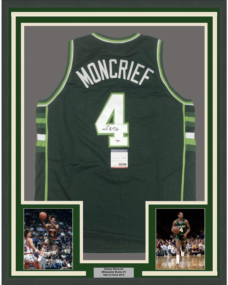 Framed Autographed/Signed Sidney Moncrief 35x39 Milwaukee Green/White Basketball Jersey PSA/DNA COA