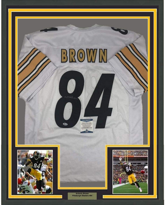 Framed Autographed/Signed Antonio Brown 35x39 Pittsburgh Steelers White Football Jersey Beckett BAS COA