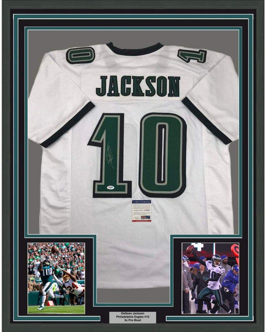 Framed Autographed/Signed DeSean Jackson 35x39 Philadelphia White Football Jersey PSA/DNA COA