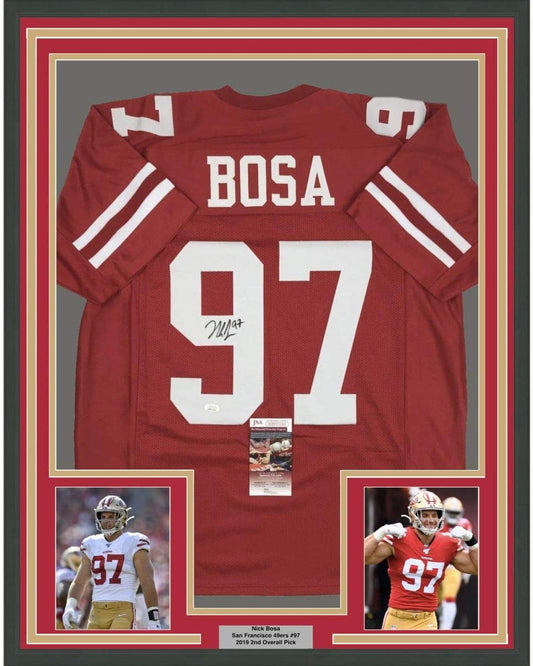 Framed Autographed/Signed Nick Bosa 35x39 San Francisco Red Football Jersey JSA COA