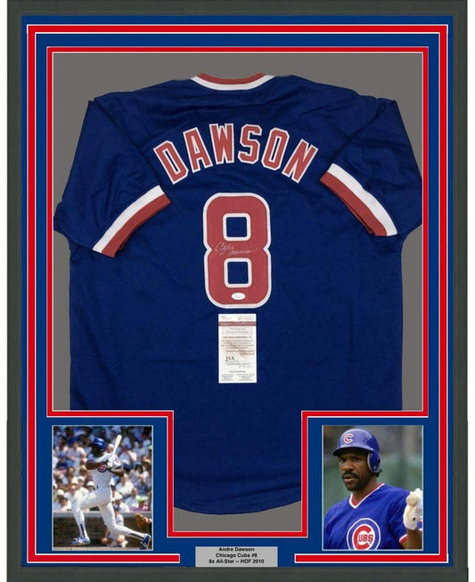 Framed Autographed/Signed Andre Dawson 35x39 Chicago Blue Baseball Jersey JSA COA