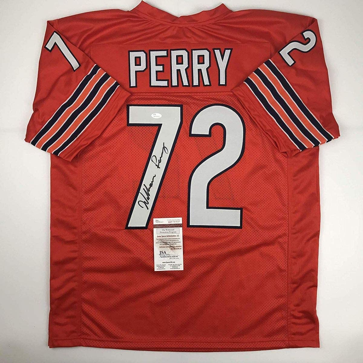 Autographed/Signed William Perry The Refrigerator Chicago Orange Football Jersey JSA COA