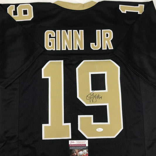 Autographed/Signed Ted Ginn Jr. New Orleans Black Football Jersey JSA COA