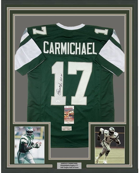 Framed Autographed/Signed Harold Carmichael 35x39 HOF 20 Philadelphia Green Football Jersey JSA COA