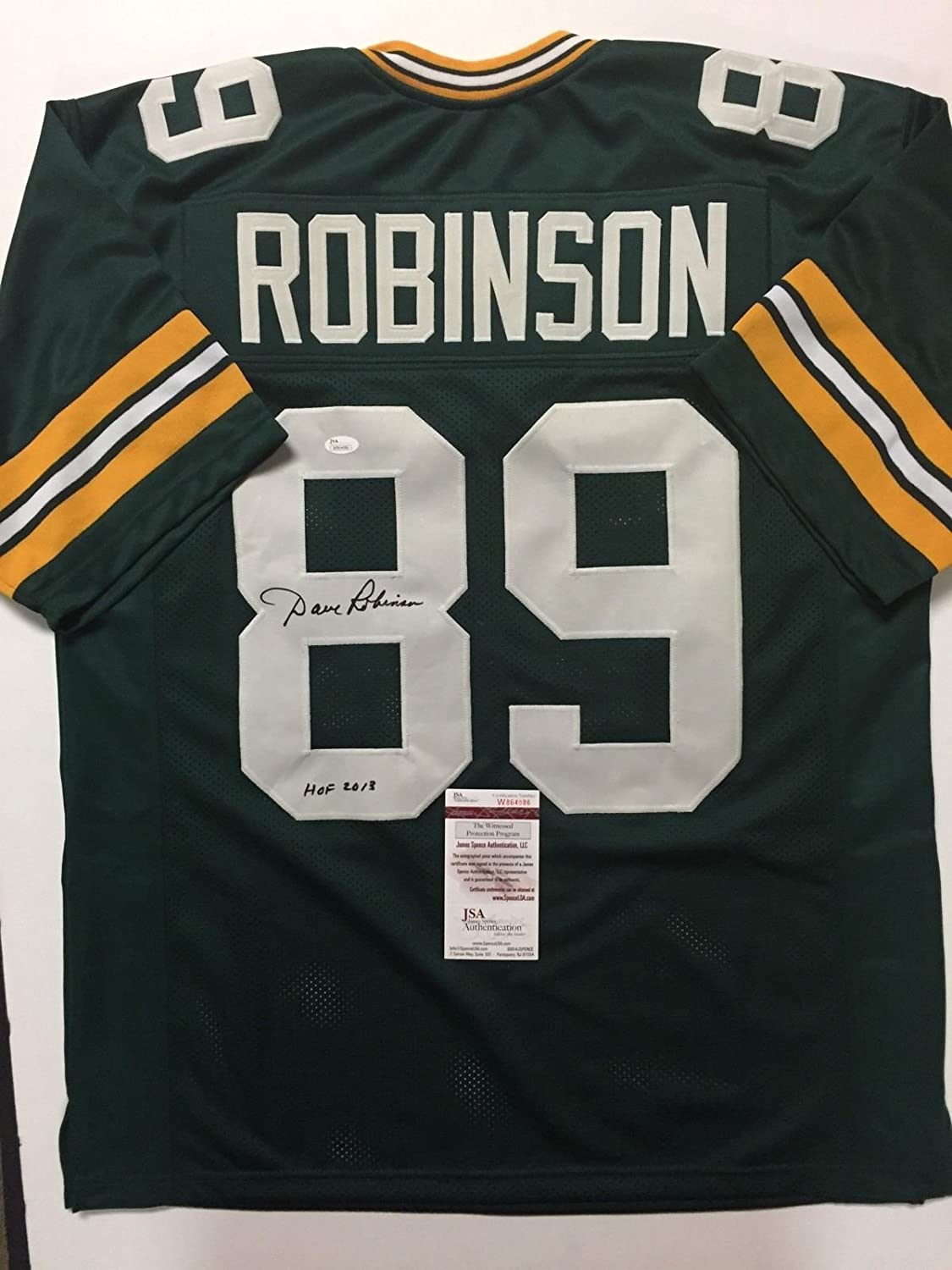 Autographed/Signed Dave Robinson HOF 13  Green Bay Green Football Jersey JSA COA