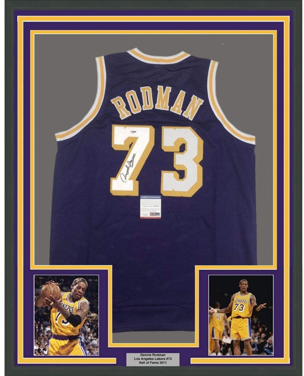 Framed Autographed/Signed Dennis Rodman 35x39 Los Angeles LA Purple Basketball Jersey PSA/DNA COA