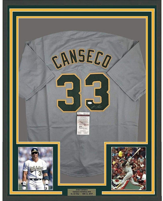 Framed Autographed/Signed Jose Canseco 35x39 Oakland Grey Baseball Jersey JSA COA