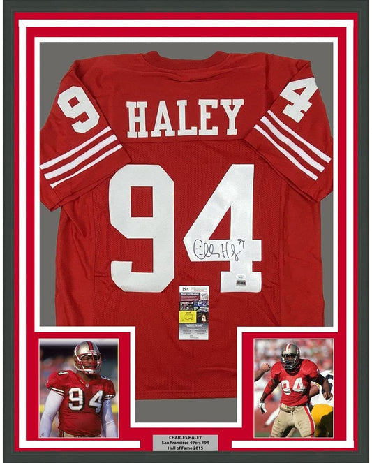 Framed Autographed/Signed Charles Haley 35x39 San Francisco Red Football Jersey JSA COA