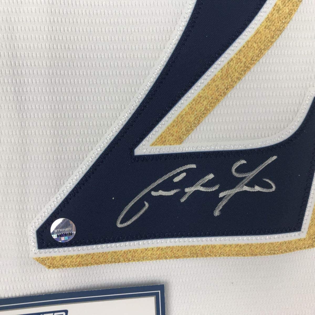 Framed Autographed/Signed Christian Yelich 35x39 Milwaukee Brewers White Cool Base Baseball Jersey Steiner Sports COA
