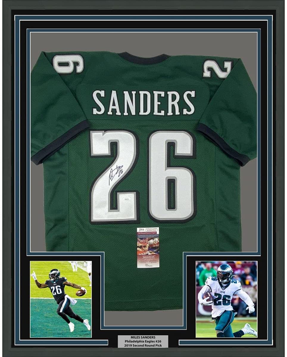 Framed Autographed/Signed Miles Sanders 35x39 Philadelphia Green Football Jersey JSA COA