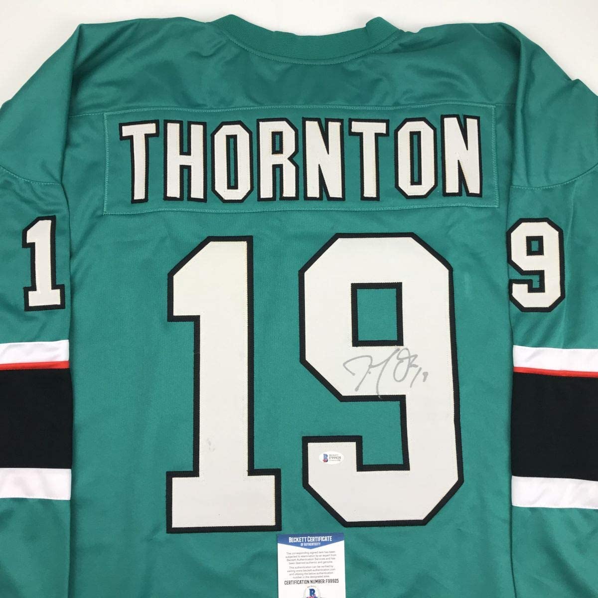 Autographed/Signed Joe Thornton San Jose Green Hockey Jersey Beckett BAS COA
