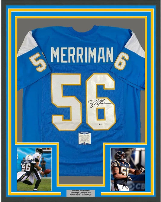 Framed Autographed/Signed Shawne Merriman 35x39 San Diego Powder Blue Football Jersey Beckett BAS COA