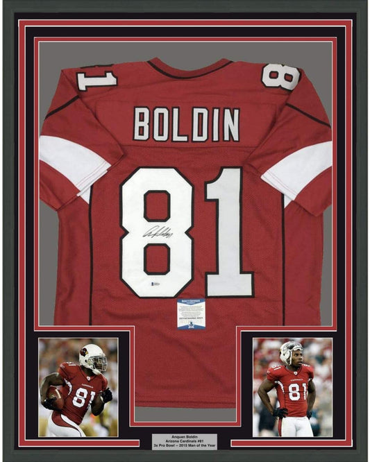 Framed Autographed/Signed Anquan Boldin 35x39 Arizona Red Football Jersey Beckett BAS COA