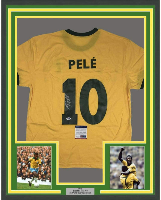 Framed Autographed/Signed Pele 35x39 Brazil Yellow Soccer Futbol Jersey PSA/DNA COA Auto #2