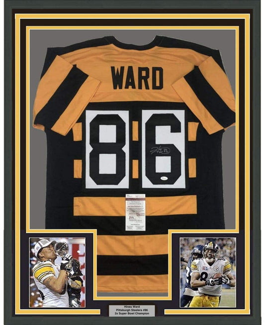 Framed Autographed/Signed Hines Ward 35x39 Pittsburgh Bumble Bee Football Jersey JSA COA